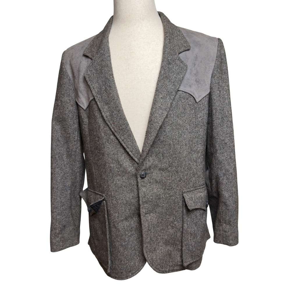 Pioneer Wear Mens Vintage Western Tweed Blazer Gray‎ Wool Blend Suede Yoke 44